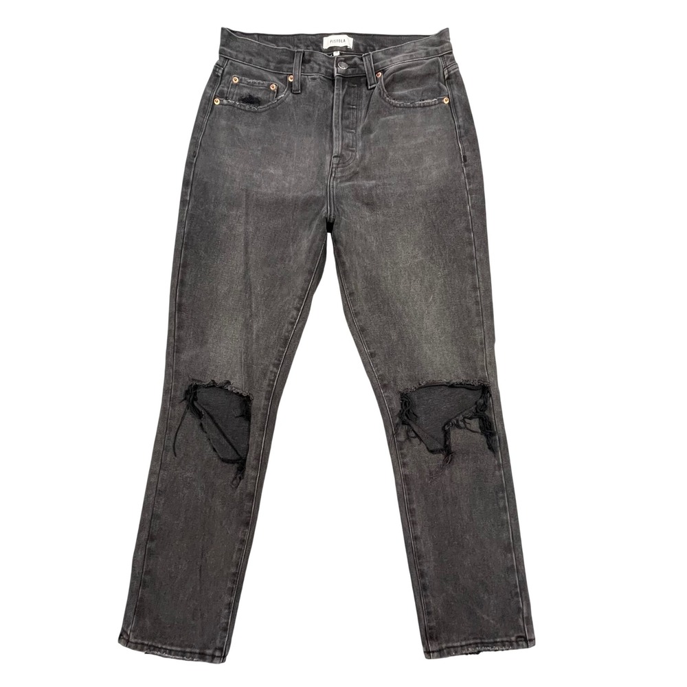 Pistola Black Distressed High Rise Straight Leg Button Fly Jeans Women 28